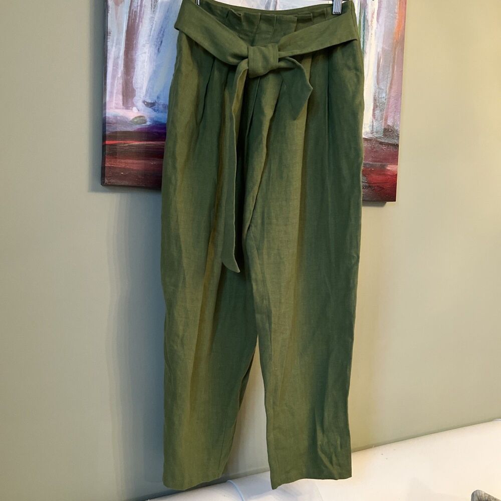 EXQUISE 36/US 4 Khaki Green 100% Hemp Front Pleats Side Tie EXCELLENT